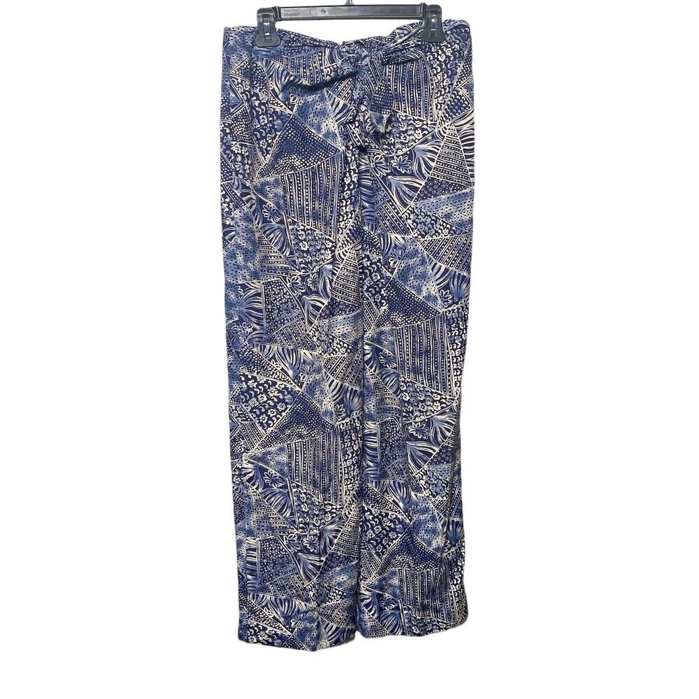 Dana Buchman Womens Size 12 Silk Floral Pants Wide Leg Palazzo Blue Front Tie